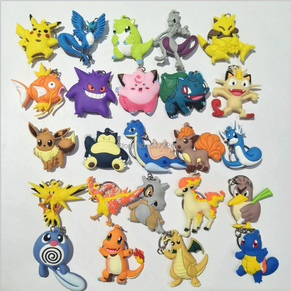 

New 24 Styles Pikchu Bulbasaur Charmander Eevee Mewtwo Vulpix Dragonair Lapras Zapdos Rubber Keyring-CPPY