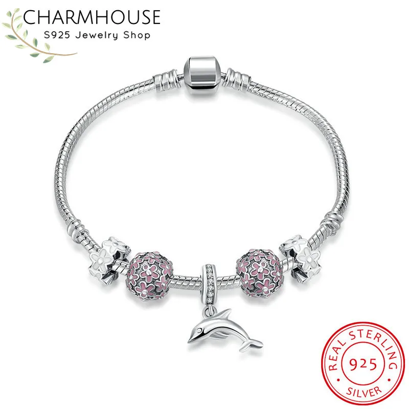 

Silver Sterling 925 DIY Bracelets for Women Pink Mario beads Dolphin Charm Bracelet & Bangle Snake Chain Fashion Brand Jewelry