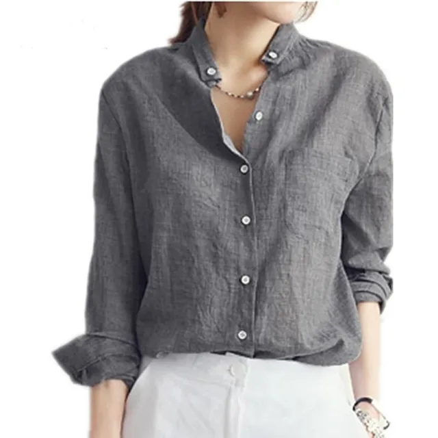 2016 New Casual Cotton Linen Long Sleeve Shirts Women Classical Solid
