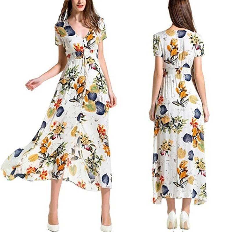 Boho Цветочный Принт Длинное платье Vestidos женское летнее Макси Сарафан сексуальный