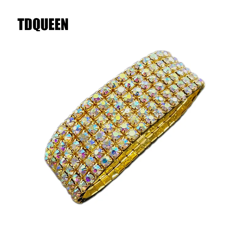 6-Row Gold-color AB Crystal Stretch Bangles Bracelet for Women Luxury Colorful Iridescent AB Stone Wedding Bracelet Bride Bangle (4)