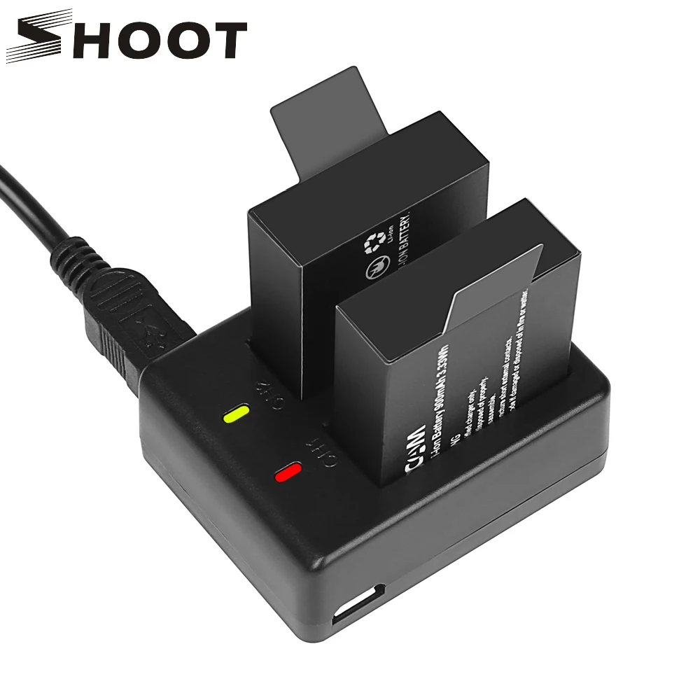SHOOT Dual Port зарядное устройство с 2 шт 900mAh батарея для Sjcam Sj4000 Sj5000 M10 Eken H9 H9R Sj 4000