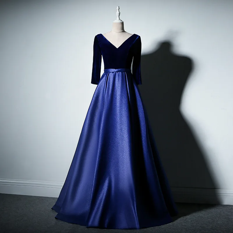 

Beauty-Emily Long V Neck Elegant Evening Dress Party Dress Long Sleeve Open Back Ribbons Ball Dress Ruched Formal Dress