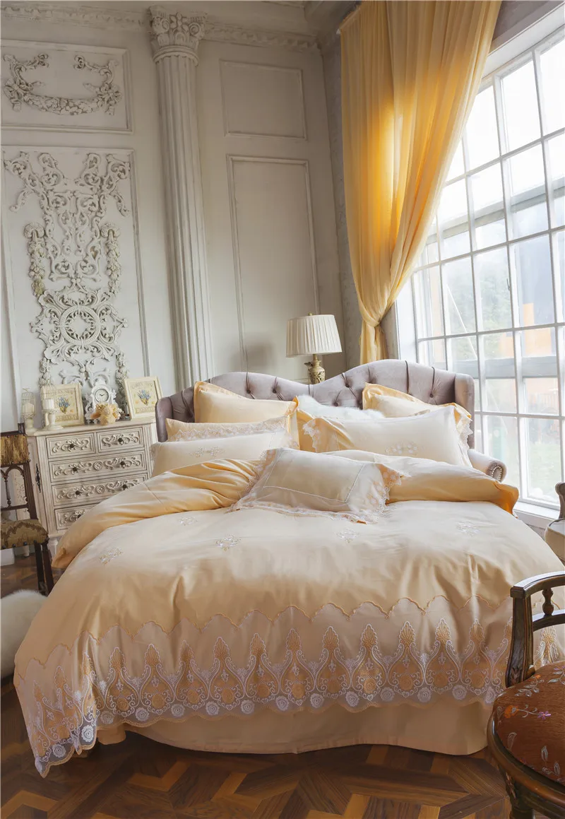 buy Luxury Lace Bed set Sandding Egypt Cotton King Queen size Princess Bedding sets Decorative Duvet cover Bedsheet set Bedlinen 36