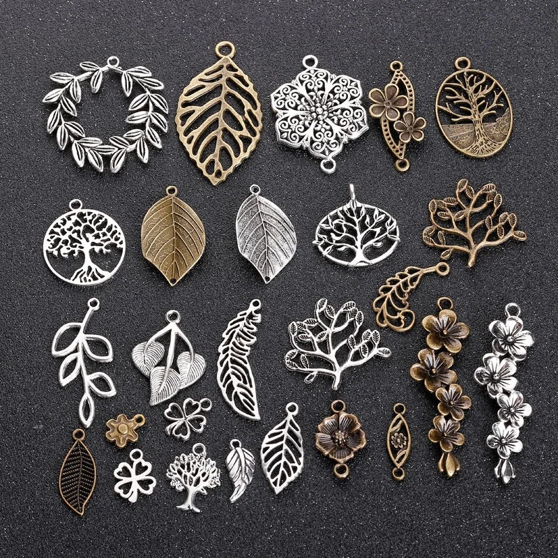 

Kupla Vintage Metal Mixed Tree Charms Fashion Retro Mixed Leaf Pendant Diy Handmade Charms for Jewelry Making 100pcs/lot