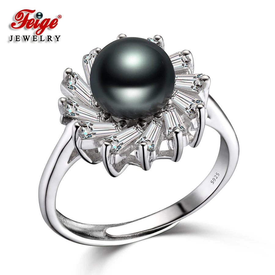 FEIGE 7 8mm Natural Black Pearl Ring Genuine Brand 925