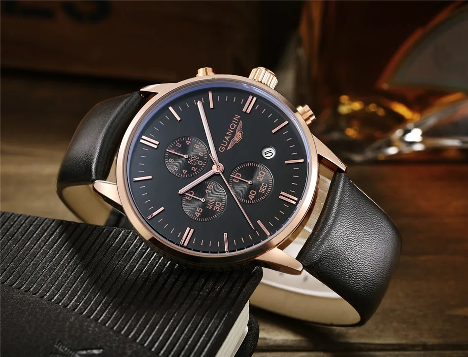 GUANQIN Quartz Watch Mens Watches Top Brand Luxury Chronograph Clock Men Sport Waterproof Leather Wristwatch relogio masculino