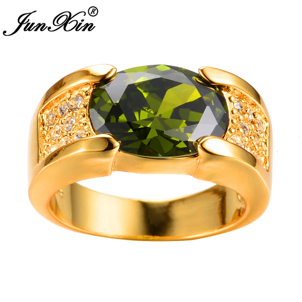 JUNXIN 2017 Fashion Peridot Oval Male Ring 10KT Yellow  