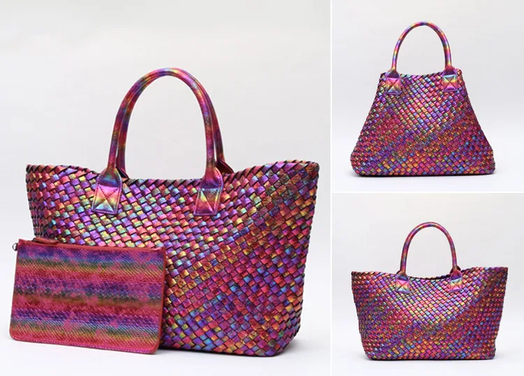Женская Блестящая разноцветная тканая кожаная сумка с радугой, Вместительная женская сумка-хобо, вязаная сумка под змеиную кожу, большая Повседневная Сумка-тоут