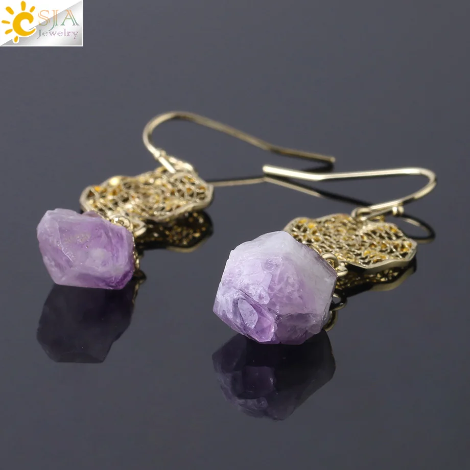 CSJA Natural Stone Earrings for Wife Unique Citrines Purple Crystal Quartz Gold Silver Color Drop Earring Anniversary Gift F897