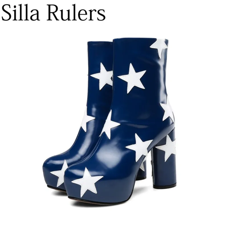 

Silla Rulers Genuine Leather Platform Women's Ankle Boots Star Super High Heel Coarse Heel Martin Boots Woman Motorcycle Boots