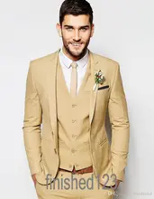Handsome Two Button Beige Groom Tuxedos Groomsmen Men’s Wedding Prom Suits Bridegroom (Jacket+Pants+Vest+Tie) K:819