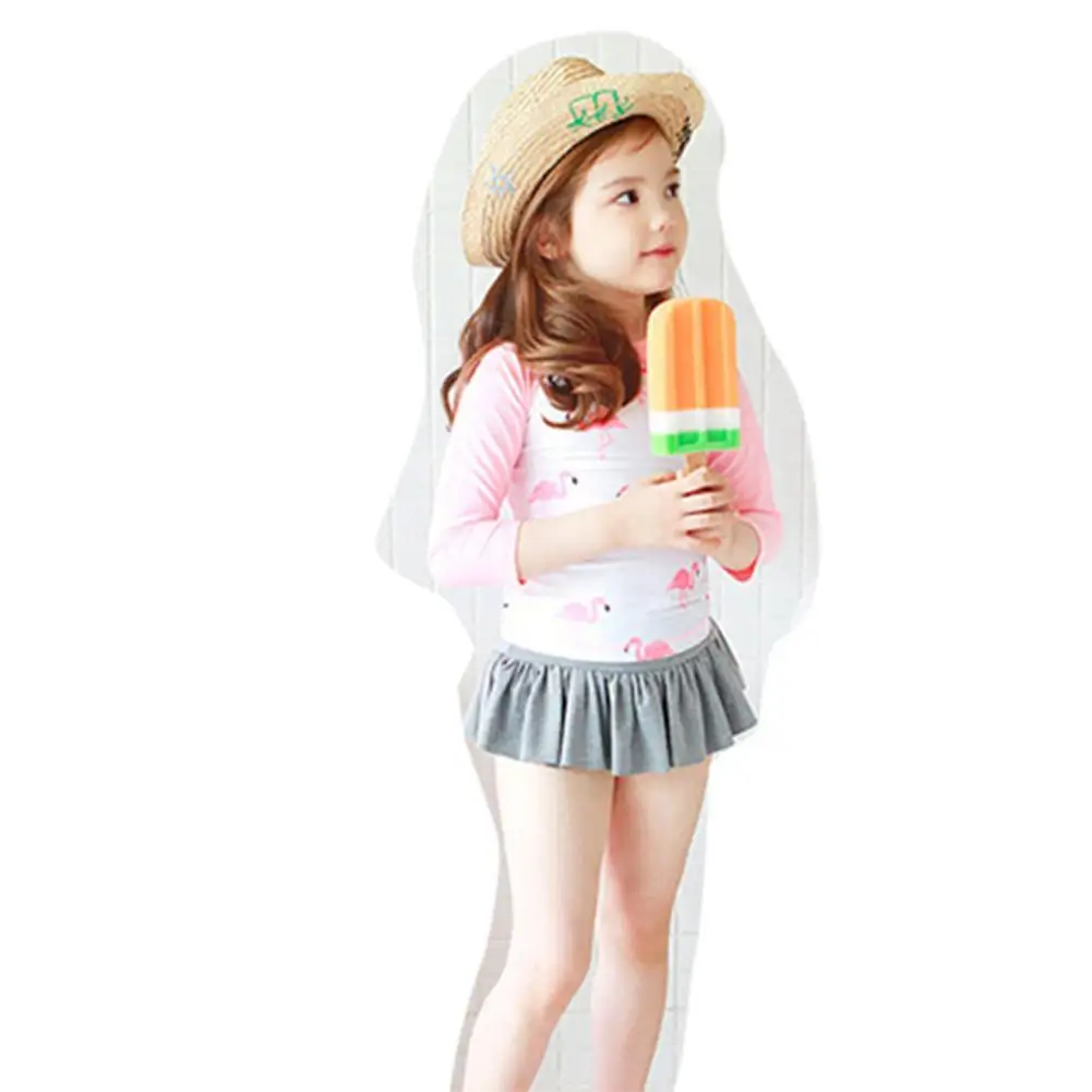 Комплект из двух предметов для маленьких девочек: топы с длинными рукавами и юбки с изображением стрекозы; милый купальный костюм с изображением фламинго