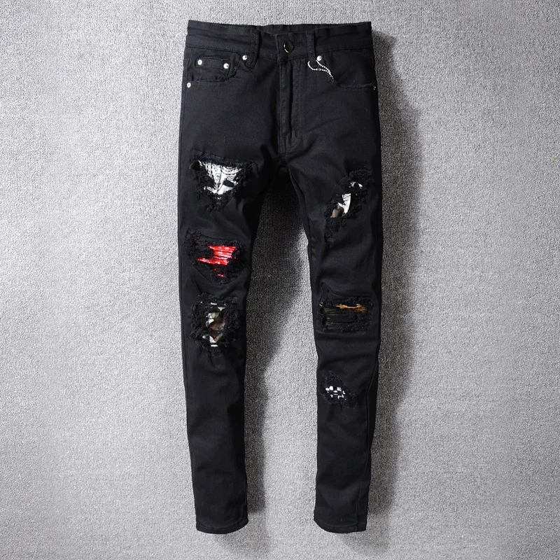 Американский уличная модные мужские джинсы черный разрушенные Skinny Fit рваные джинсы для мужчин эластичные брендовая дизайнерская обувь хип