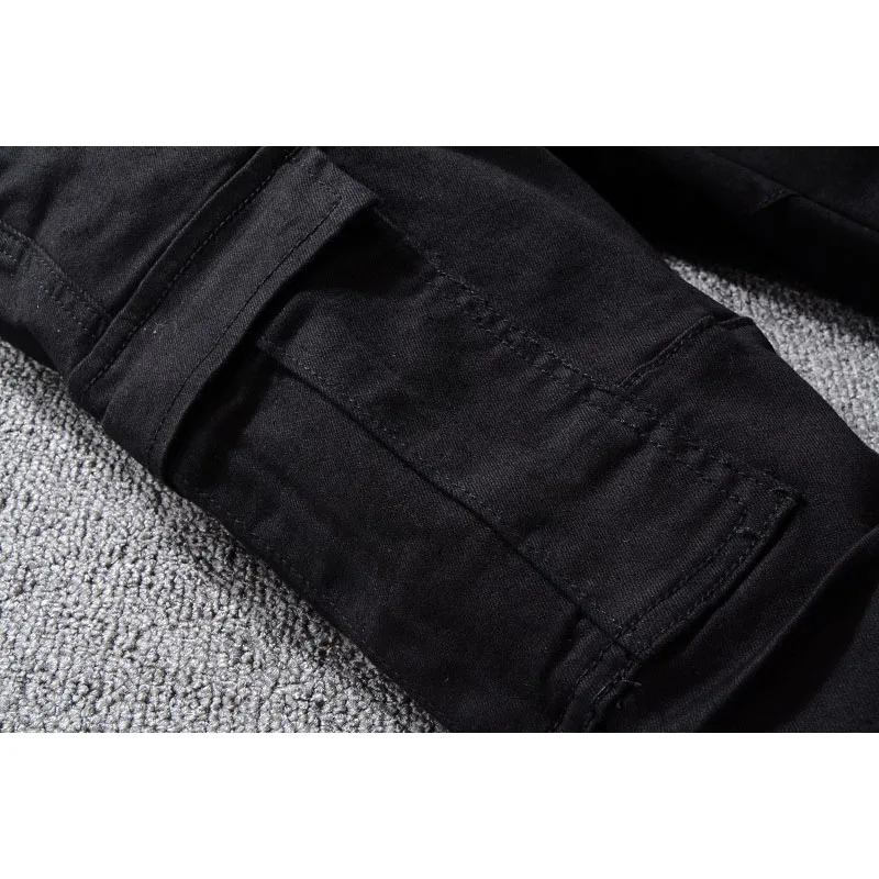 Fashion Mens Jeans Distressed Slim Pants Embellished Ribbed Stretch Pants Black Men Biker Jeans Slim Trousers Men Clothes