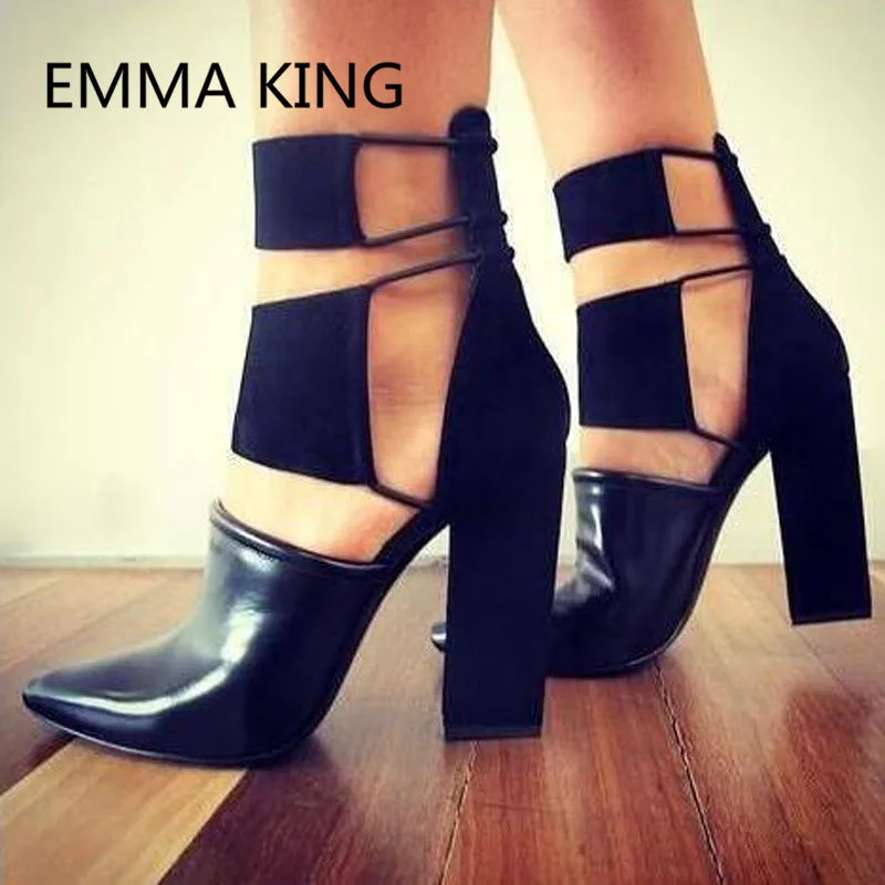 

2019 Black Leather Sexy Gladiator Pumps Women Spring Autumn Party Shoes Woman Pointed Toe Chunky High Heels Ladies Cutout Pumps
