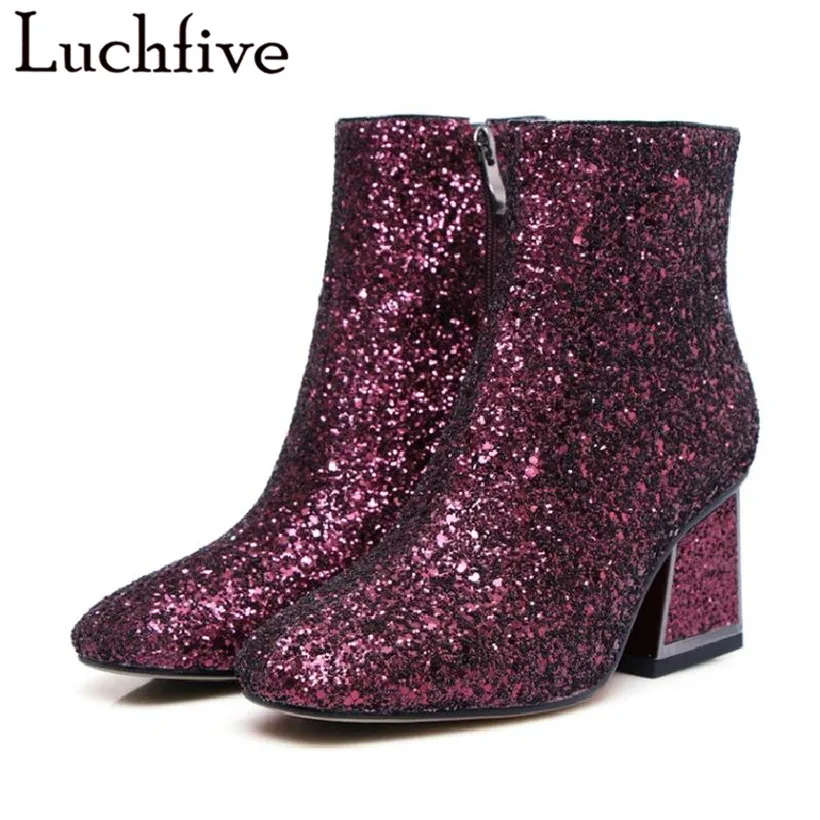 Luchfive 2018 Newest Bling Ankle Boots for women red black glittery sequins rain boots shiny winter high heels martin shoes