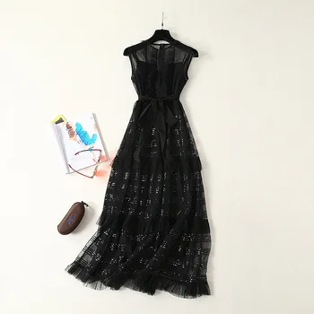 

European and American women's clothing 2019 summer new style Fashion sequin mesh black sleeveless dress with round neck