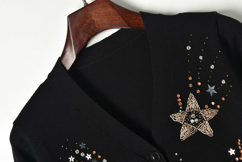 Little Black WOmen's Cardigan 2019 Spring V neck Stars Sequins Thin Slim Female Sweater Long SLeeve Knit Jumper WOmen Clothing