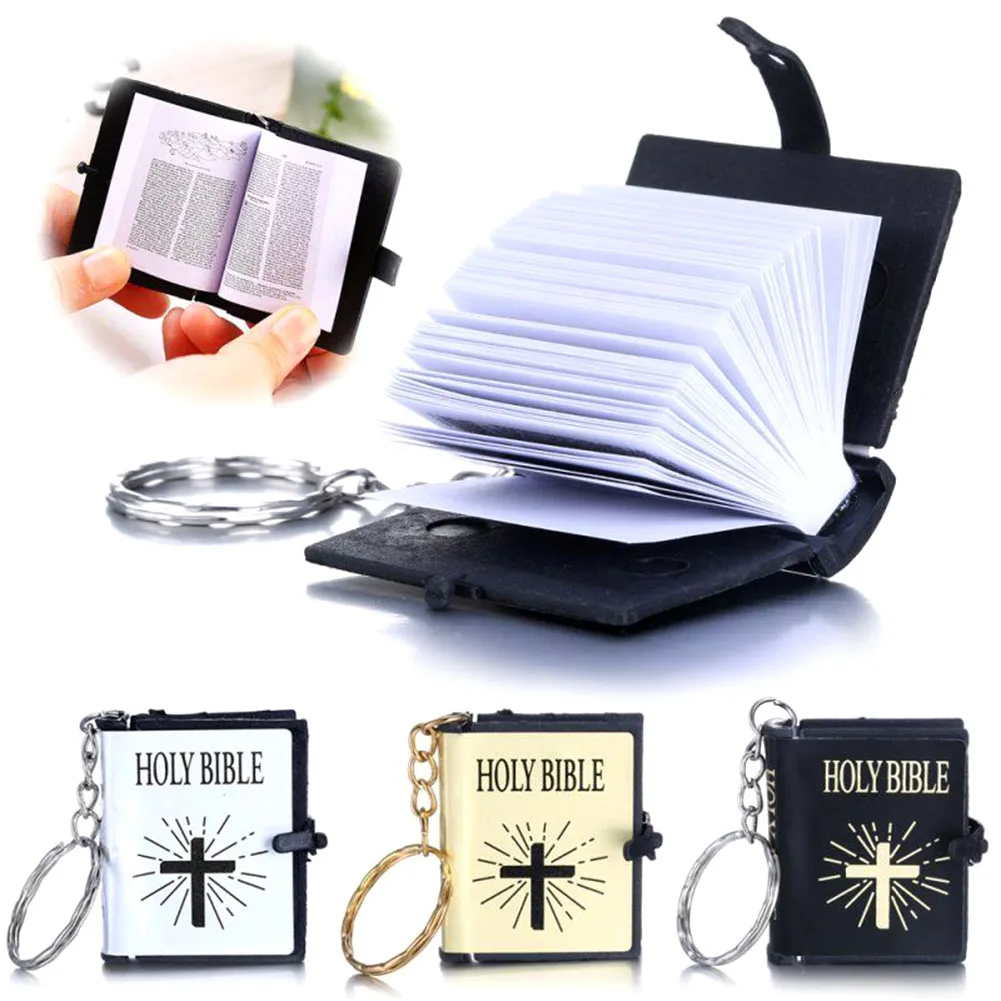 

Wholesale Christian Jesus Creative Mini Bible Keychain English HOLY BIBLE Religious Gold Black Colors