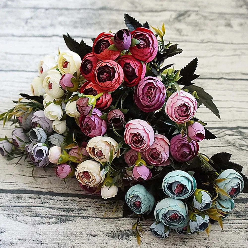 

6 fork/bunch Slik Small tea bag fake roses bouquet Home vase arrangement Decoration Small Bouquet Artificial Flower Wholesale