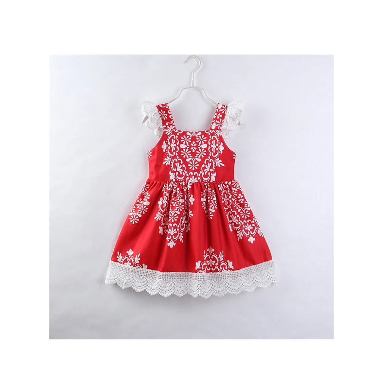 2017 Fashion Sweet Summer Baby Girls Square Collar Floral Print Lace A-Line Knee-Length Princess Red Dress Outfit Party 2-7Y | Детская
