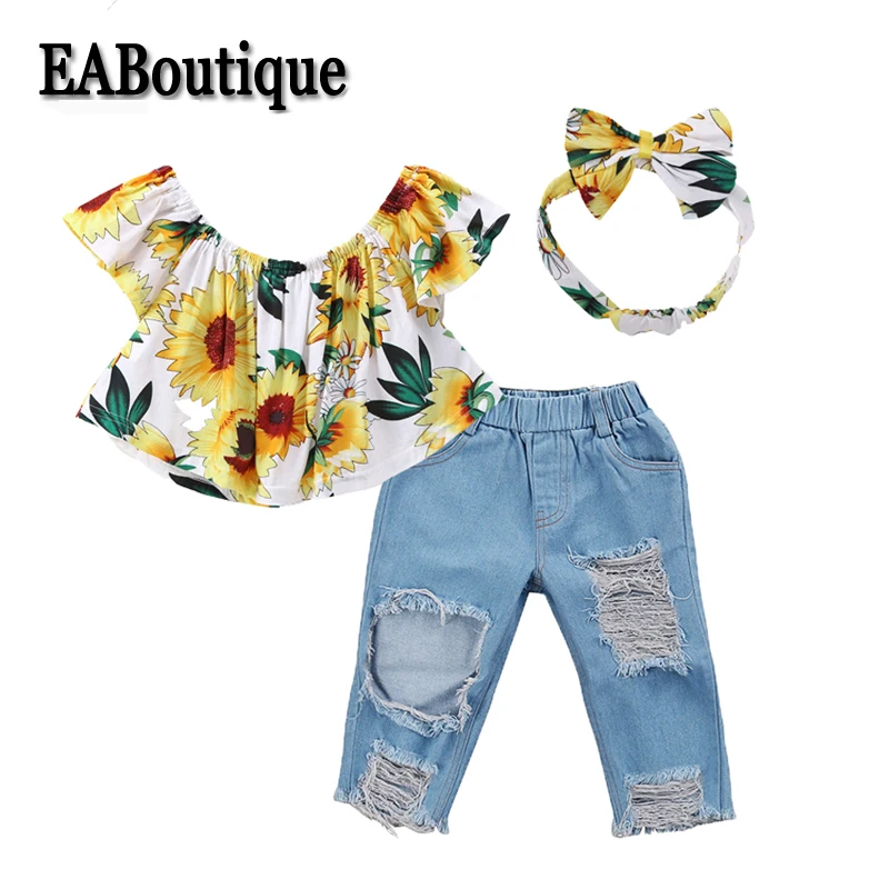 Eaboutique جديد الصيف الاطفال الفتيات الملابس مجموعة عباد الشمس شقة الكتف الأعلى مع هول السببية الجينز العصابة الزي s606 Eaboutique جديد الصيف الاطفال الفتيات الملابس مجموعة عباد الشمس شقة الكتف الأعلى مع هول السببية الجينز العصابة الزي s606