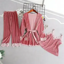 Новый Для женщин бархат комплект из 3 предметов пижамы осень-зима теплые Cami & брюки и халат Домашняя одежда цветочный Trim Pajama Пижама комплект