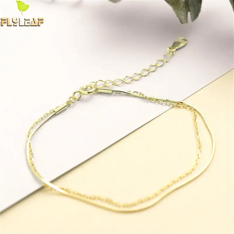 

Flyleaf 925 Sterling Silver Double-layer Snake Bone Chain Bracelets For Women Fashion Fine Jewelry Gold Bracelets & Bangles