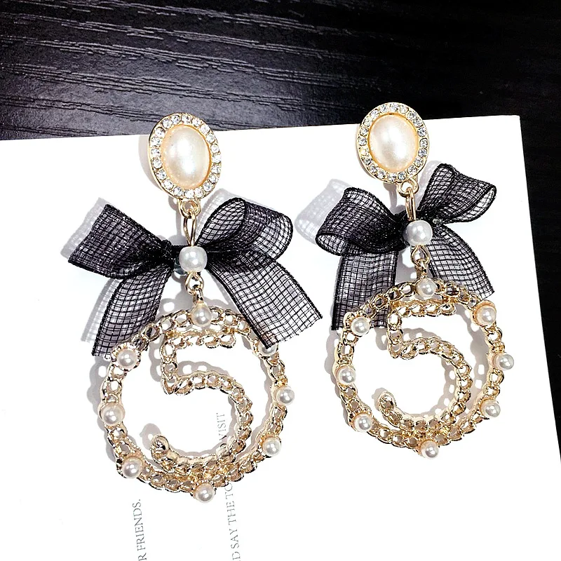 

SHIFEEL 2019 Korea Dongdaemun New Fashion Ribbon Bow Pearl Number 5 Big circle Drop Earrings Long Pendients Women's jewelry