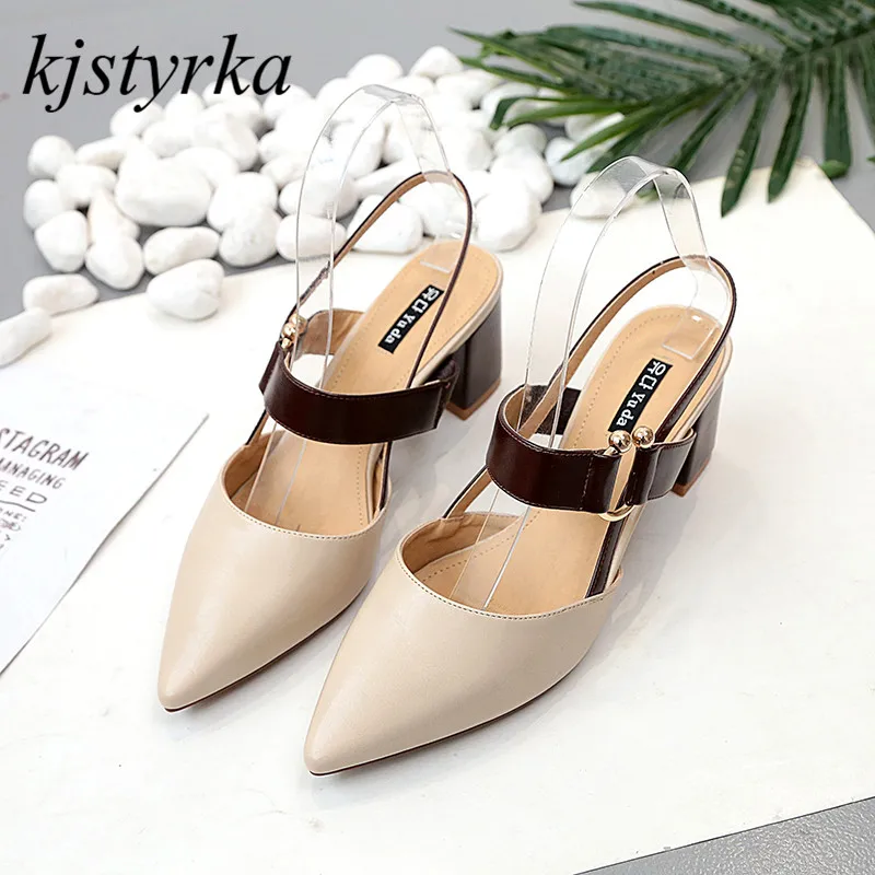

Kjstyrka New Spring Summer Women Belt Buckle Sandals Low Block Heels Wild Pointed Toe Patent Leather Elastic Band Casual Sh