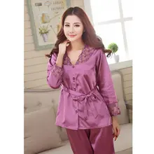 Комплект из 2 предметов для сна, пижамный комплект для женщин, атласная шелковая кружевная повседневная женская ночная рубашка с длинными рукавами, Пижама для женщин