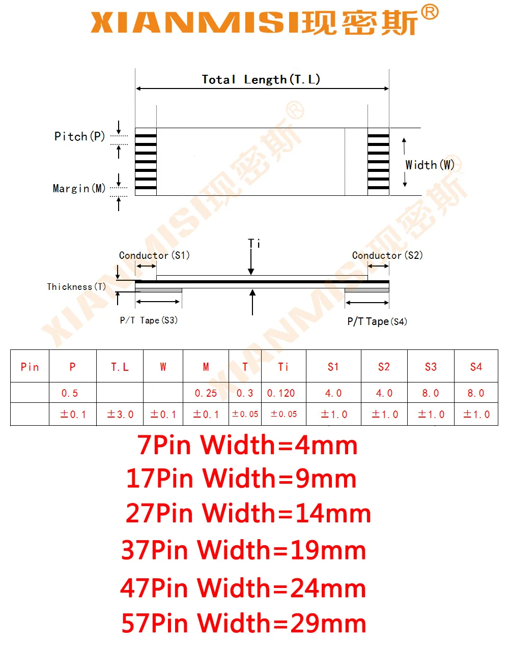 FFC FPC плоский гибкий кабель 7Pin 17Pin 27Pin 37Pin 47Pin 57Pin с одной стороны 0,5 мм Шаг AWM VW-1 20624 20798 80C 60 V Длина 2 м 5 шт