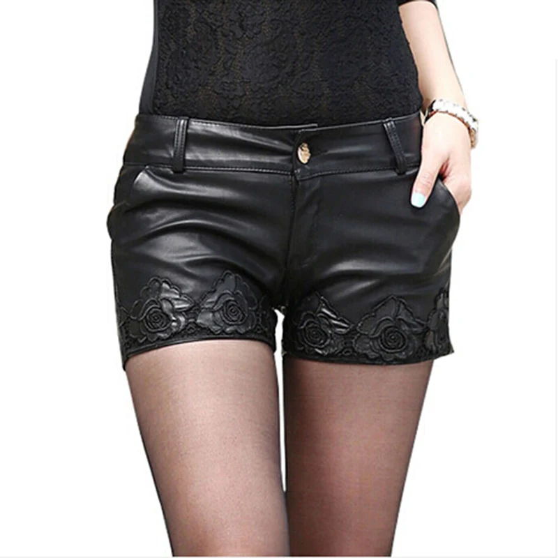 

2019 Summer Sexy Women PU Shorts Black Washed leather Womens Shorts Lace printing Leather Shorts Fashion Mini Shorts Female N748