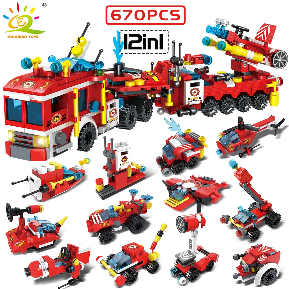 Ceny 670 sztuk 12w1 Fire Fighting Trucks Building Blocks City engine helicopter kompatybilny legoingly model bricks kit zabawki dla dzieci