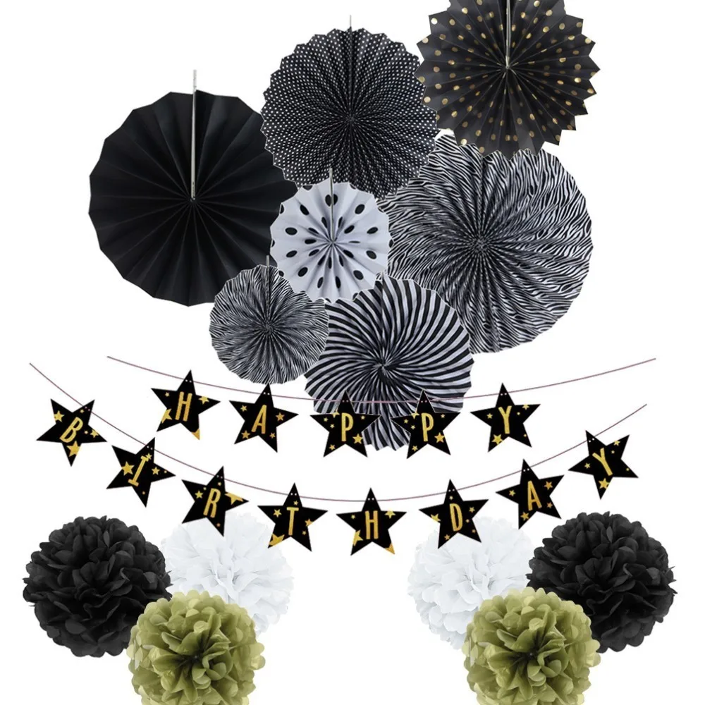 

Gold And Black Birthday Party Decorations Adult 15pcs/set With Happy Birthday Banner Paper fans For Birthday Decoration Supplies