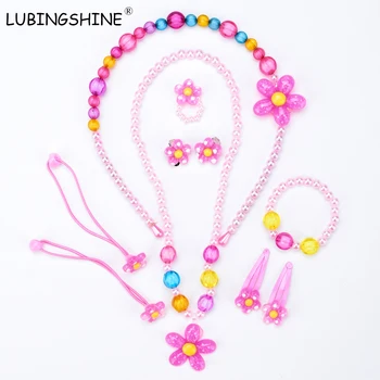 

LUBINGSHINE Resin Imitation Pearl Earring Necklace Bracelet Finger Ring Hair decoration Jewelry Set For Children Party JJAL T218