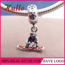 Berloque Прата 925 Сноубордист серебряные серьги с красной Подвеска из эмали подходит браслеты pendentif pour изготовление де bijoux(украшения своими руками
