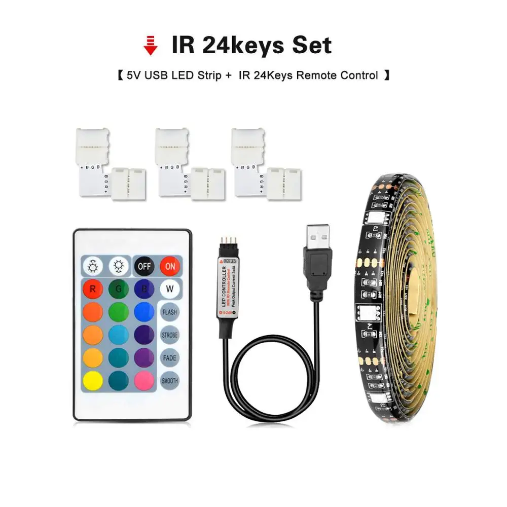 RGB with 24 Keys DC 5 в 1 м 2 м 3 м светодиодный USBRGB 5050 SMD книжный светильник ленточный струнный настольный декор лента ТВ задний светильник лампа с пультом дистанционного управления - Испускаемый цвет: RGB with 24 Keys