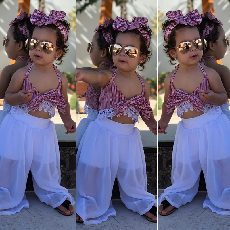 3Pcs Lace Toddlers Princess Girls Clothes Halter Striped Bow Bandeau Tank Tops Long White Mesh Pants Headband Summer Set Outfits