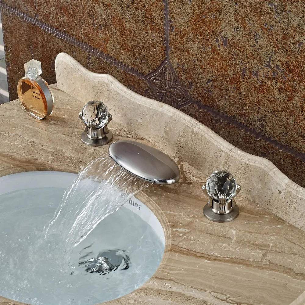 Crystal Handle Waterfall Bathroom Basin Sink Faucet Deck Mount Brushed