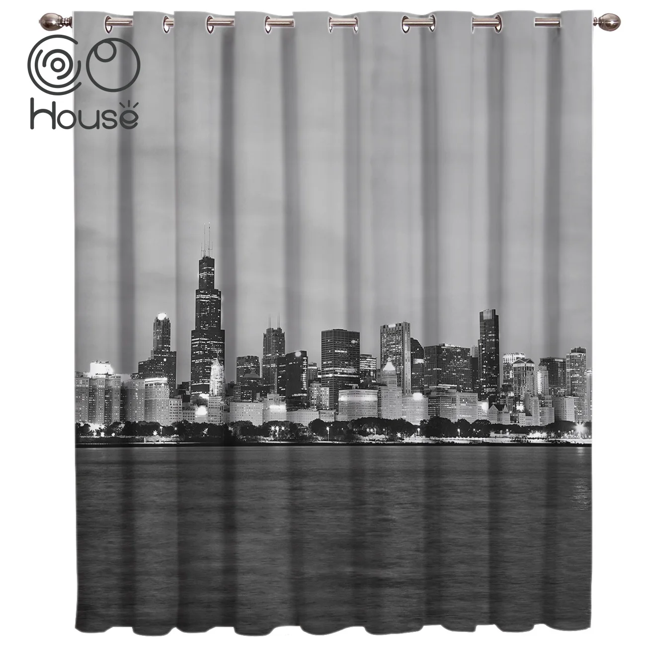 COCOHouse Chicago Nightscape Architecture Window Treatments Curtains Valance Dark Blinds Living Room | Дом и сад