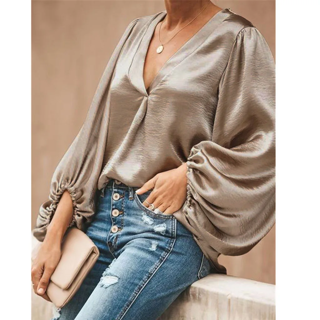 Модный прочный фонарь рукав блузка повседневная женская Свободная v-образным вырезом свободная рубашка женские рубашки женские длинный рукав Blusas пуловер