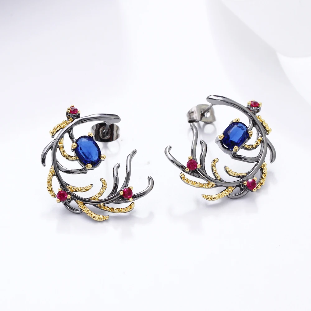 Charming Beautiful leaf earring Blue Rose color stones crystal CZ Black Gun Plated Jewelry & Accessories Bohemia big earrings