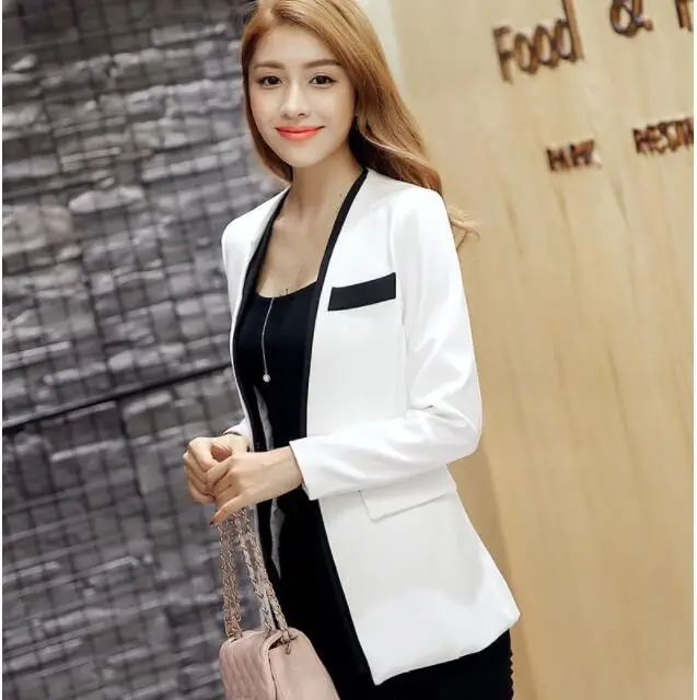 Women Casual Black White Blazer Jacket  Fashion Cuff Folds Slim Jacket Office Lady Autumn Coat Female Suits