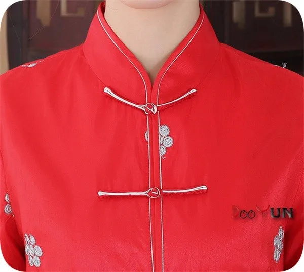 Осень зима красный китайский леди атласная куртка воротник стойка тонкая верхняя одежда кнопка вышивка пальто размер S до XXXL