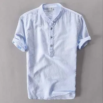 Новая летняя брендовая мужская рубашка с коротким рукавом, свободная тонкая хлопковая льняная рубашка, Мужская модная однотонная трендовая футболка с круглым вырезом - Цвет: Небесно-голубой