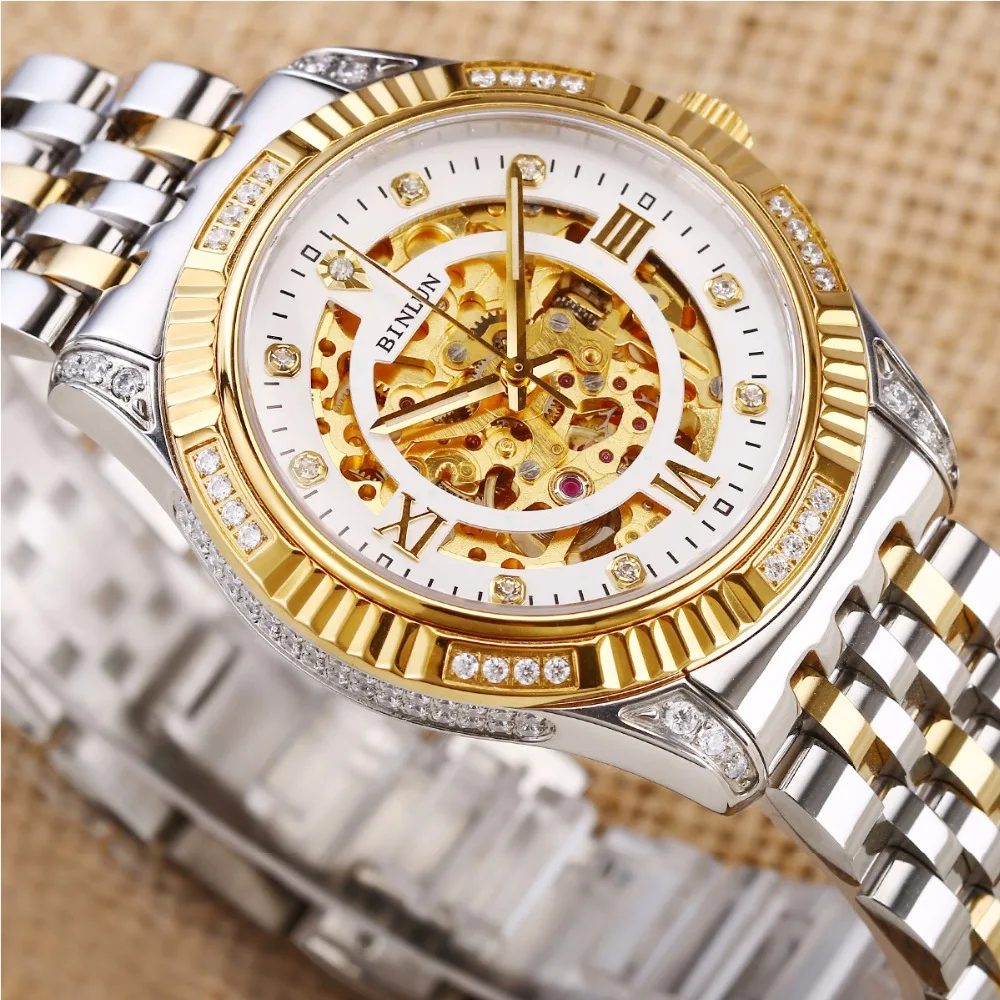 BINLUN 18K Gold Luxury Automatic Watch Skeleton Movement Watch Men's Sapphire Crystal Diamond Automatic Business Men's Watches