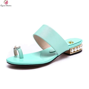 

Original Intention Fashion Women Sandals Leather Open Toe Square Style Heels Slippers Black White Slide Shoes Woman Size 4-8.5