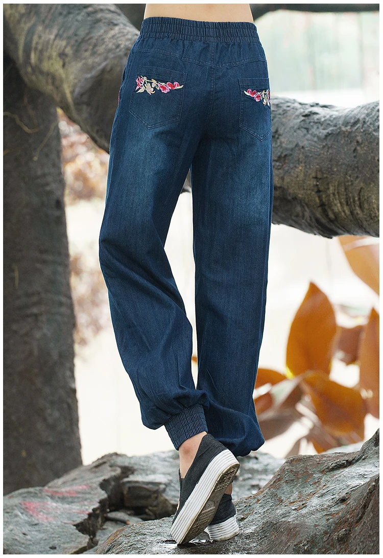 Национальный стиль, с вышивкой, эластичный пояс и манжеты, свободные шаровары, джинсовые штаны для женщин, весна-осень, новинка, синие джинсы, брюки